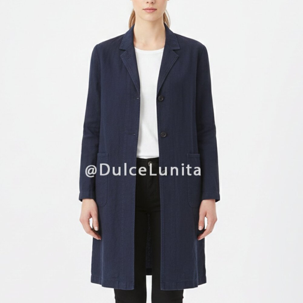 Uniqlo Linen-Cotton navy long blazer jacket size medium button up